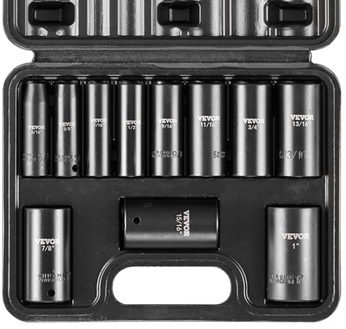 VEVOR 3/8 Drive Impact Socket Set, 11 Piece Deep Socket Set SAE 5/16-1, 6 Point CR-V Alloy Steel for Auto Repair, Easy-to-Read Size Markings, Rugged Construction, Includes Storage Case