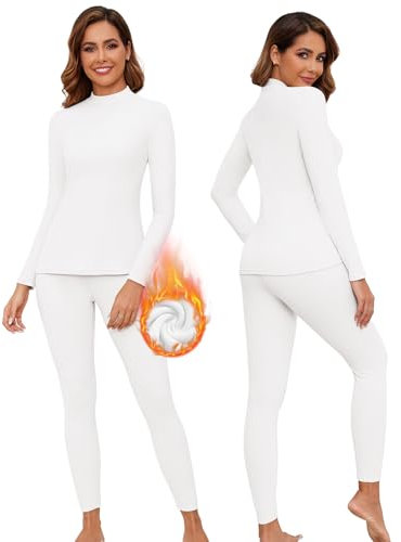 WOWENY Womens Thermal Underwear Set Ultra Soft Turtle Neck Long Johns Sleeved Top Base Layer Warm Tops & Bottoms for Skiing Sport Yoga,White,M