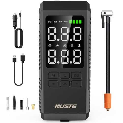 NUSTE Compresseur d'air portable pour pneus de voiture avec manomètre numérique, batterie rechargeable de 150 psi, lumière LED, pompe intelligente en un clic pour voiture, moto, vélo et plus encore