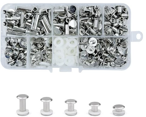 KUKUJIWA 100 Vis Chicago Screws,Rivet a Visser, M5*4/6/8/10/15 mm Tailles Vis de Livre, Rivet Cuir vis Métal Clou Rivets bouton Chicago pour Bricolage Livre, Album Photo,laisses,sacs à dos (Argent)