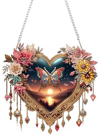 CXINLky DIY Diamond Art Painting Anhänger mit Kette, Sonderform Diamant Painting Valentinstag Fensterbilder, 5D Diamond Malerei Wandbehang Kits für Fenster Wand Garten Decor-05-Herz Schmetterling