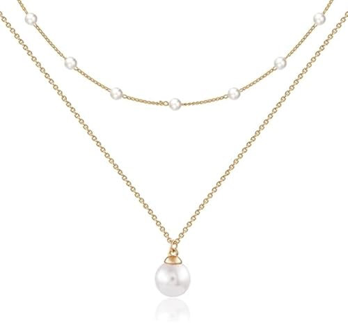 IKOPFLN Perlen Kette für Damen,14K Vergoldete Halskette Geschichtete Süßwasser Perlenketten,Trendige,Einfache Fischgrätenkette,Perlenkette für Damen und Mädchen Schmuck Geschenke