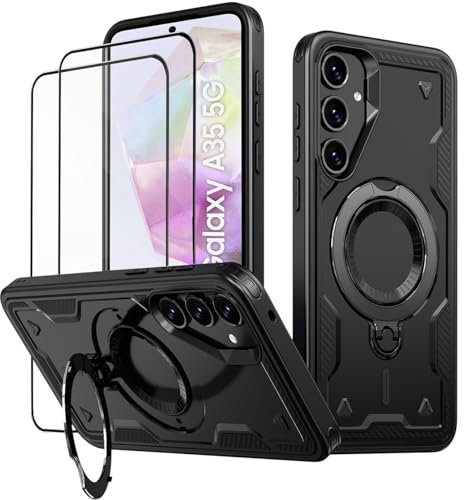KANSi Cover per Samsung Galaxy A35 / A35 5G con Vetro Temperato*2, Custodia Protettiva per Smartphone con Anello Rotante - Antiurto Bumper Nero