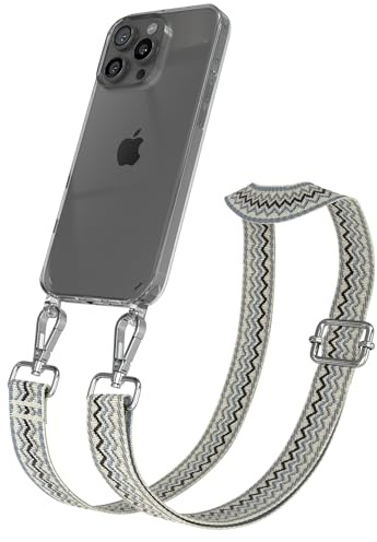EAZY CASE Handykette - Verstellbares Taschenband kompatibel mit iPhone 16 Pro Max, Schulterriemen, Handykordel mit Silikon Hülle, Umhängetasche, Beige Blau Silber