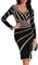 OUSIMEN Women Dress Long Sleeve V-Neck Midi Maxi Casual Bodycon Ladies Side Slit Striped Sweater Dress Black
