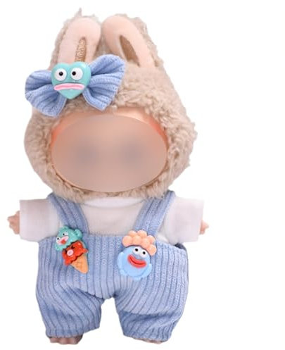 NHQZ Kleidung für 17 cm Labubu Puppe,Labubu Puppen Zubehör,Ohne Puppe, Süße Puppenkleidung DIY Geschenk,1 Schleife, 1 T-Shirt, 1 Strampler, blaues Set