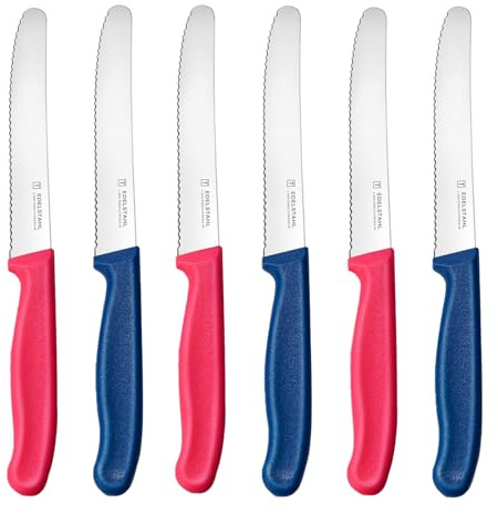 targzier Frühstücksmesser Set 6 Stück,Hochwertige Edelstahl Tafelmesser,Langlebiges Bunte Tomatenmesser,Kunststoffgriff Brötchenmesser Wellenschlif,Schneidemesser,Scharf Messer(Rosy und Blau)
