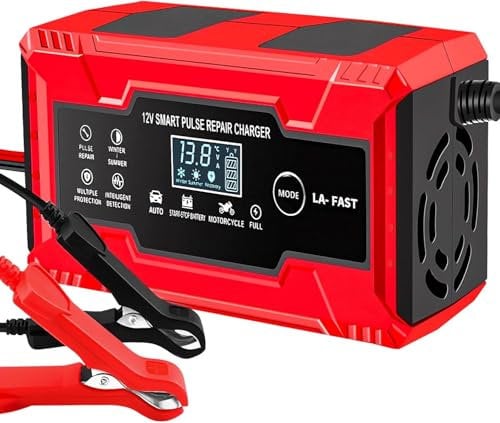 Anluomafuy Caricabatterie Auto, Carica Batteria per Auto 6A 12V, Multi Protezioni Carica Batterie Completamente Automatico, Schermo LCD, per Batterie Piombo-Acido e Auto, Camion, Moto, Tosaerba