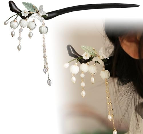 GmwyCzV Piques à Cheveux en Bois, épingles à Cheveux Chinoises Vintage, Piques à Cheveux Décorés de Fleurs et de Pompons, épingles à Cheveux à Pompons pour Coiffure Fixe Décorative, Femmes (Magnolia)