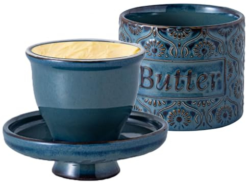 Beurrier Français en Céramique avec Refroidissement à l’Eau, Pot à Beurre en Porcelaine pour Beurre Frais et Tartinable (Bleu, 6.7oz)