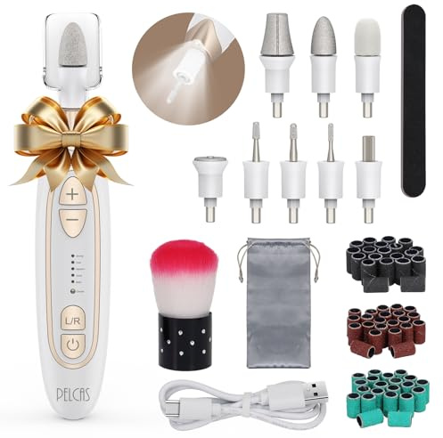 PELCAS Electric Foot File for Thick Toenails, 5 Speeds Manicure and Pedicure Kit, Cordless Nail Drill with LED Light, Electric Nail File for Human, Pet, Thick Toenails, Natural & Acrylic Nails