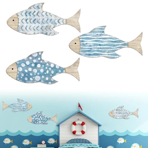 LINISITING Hölzerne Fisch Wanddekoration, 3 Stück Nautische Dekoration Ozean Wandkunst Hängende Dekoration, Vintage Badezimmer Wandkunst Ornamente, Holz Fisch Wandskulptur für Balkon Dekor