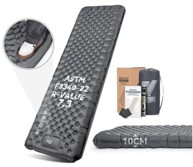 HIKENTURE R-Wert 7,3 Isomatte Camping mit Fußpumpe 210x64cm | Kleines Packmaß, Einfach aufblasbar, für 4 Jahreszeiten, 3-lagige Aluminiumfolie, Warme Schlafmatte Outdoor, Wandern, Zelt