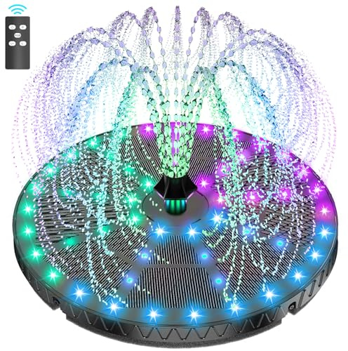 SZMP Fuente Solar 6W con Mando a Distancia, 54 Leds Colorido con Baterías 4000mAh, 2026 Nuevo Bomba de Agua Solar, 8 boquillas y 4 fijadores, para Estanque de Jardín Fuente, Baño para Pájaros, Piscina