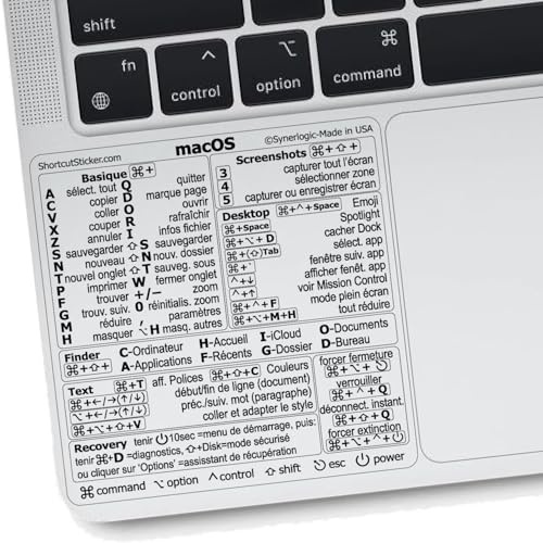Synerlogic Mac OS Raccourcis clavier - Autocollants | Autocollants clavier pour macOS | Résumé laminé en vinyle MacBook pour ordinateur portable | Raccourcis clavier MacBook 2026 (Transparent/Noir