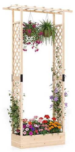 HOMASIS Blumenkasten mit 2 Rankgitter & Dachregal, Hochbeet mit Spalier, Holz Pflanzkasten für Kletterpflanz, Pflanzkübel Pflanzgefäß Rankhilfe für Garten Balkon Terrasse (Natur, 110x35x227cm)