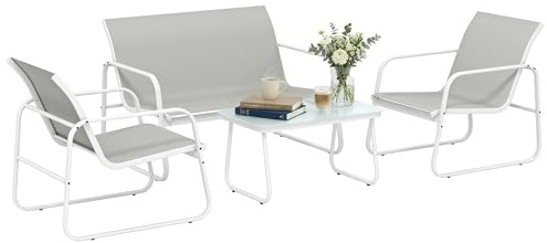 Outsunny Garten-Set für den Außenbereich, 4-teilig, Gartenmöbel mit 2-Sitzer-Sofa, 2 Sessel, Tisch aus gehärtetem Glas, atmungsaktiver Textilene-Stoff, Stahlgestell, Hellgrau