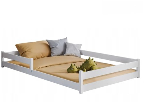 LANO meble Zofia Kinder-Doppelbett 120x200 Weiß | Niedriges Bodenbett, Mit Gittern, Holzbett