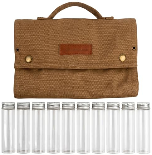 Rundago Tragbare Gewürztasche aus Segeltuch mit 10 Glasflaschen Camping Gewürzset für Outdoor BBQ, Picknick, Reise, Faltbarer Gewürzorganizer mit Aufhängeöse für Wohnmobil, Zelt, Angeln