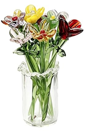Pequeñas flores de cristal en un jarrón. Juego de 11 minifiguras de flores para decoración de escritorio y estantería, elegante estructura de estilo de diseño hecho a mano, sistema de presentación