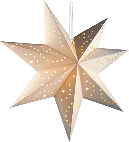 hellum Weihnachtsstern Innen, LED Stern Papierstern zum Aufhängen mit Fernbedienung mit Timer, weißer Stern Weihnachtsdeko Fenster batteriebetrieben, Ø 60cm, Weihnachtsbeleuchtung innen, 521801
