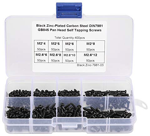 Schrauben, 400 Stück M2 / M2.6 Verzinkter Kohlenstoffstahl Schrauben Cross Drive Pan Kopf selbstschneidende Schrauben Kits mit Box für Maschine Holzbearbeitung Fastener