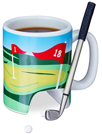 Relaxdays 2X Golftasse mit Schläger, Putter mit Kugelschreiber, je 2 Golfbälle, lustiges Golfgeschenk, Golf Kaffeetasse, bunt