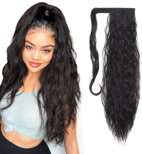 20 Inch Real Long Corn Wave Ponytail Clip in Hair Extensions Magic Paste Wavy Wrap Around Ponytail Hairpiece for Women Natural Black