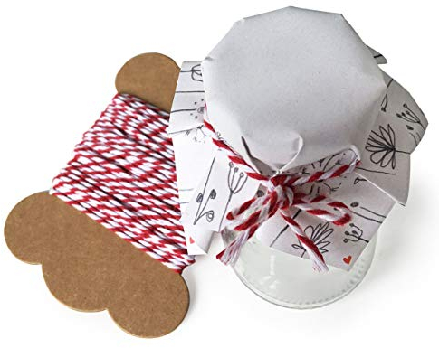 25 MINI Marmeladendeckchen Weiß mit Blumen, florale Gläserdeckchen zum selbst beschriften für Marmelade, kleine Marmeladengläser & Einmachgläser, Recyclingpapier Abreißblock + 10 m Garn + Justiergummi
