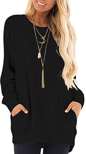 AUSELILY Langarmshirts für Damen, Rundhalsausschnitt, lässige T-Shirts, lockere Blusen mit Taschen, Schwarz, L