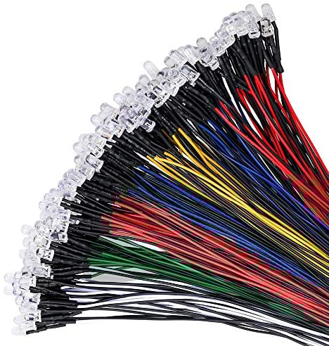 YIXISI 100 Stücke Vorverdrahtete LED, Dioden Licht, 12V Licht, 5mm LEDs, 20cm (Rot, Gelb, Grün, Blau, Weiß, Jeder 20 Stücke)