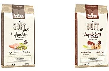 Bosch HPC Soft Hühnchen & Banane | halbfeuchtes Hundefutter für ausgewachsene Hunde Aller Rassen | 1 x 12.5 kg & HPC Soft Land-Ente & Kartoffel | halbfeuchtes Hundefutter | 1 x 12.5 kg