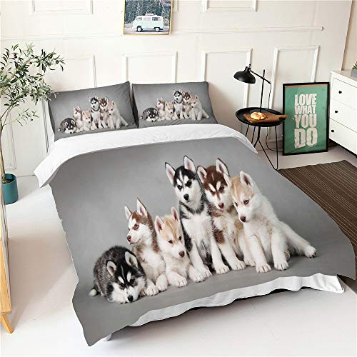 Morbuy 3D Bettbezug Bettwäsche Set, Haustier Hund Drucken Bettwäsche-Set Mikrofaser Weiche Bettbezug mit Reißverschluss und Kissenbezüge Für Junge Mädchen (135x200cm,Grauer Husky)