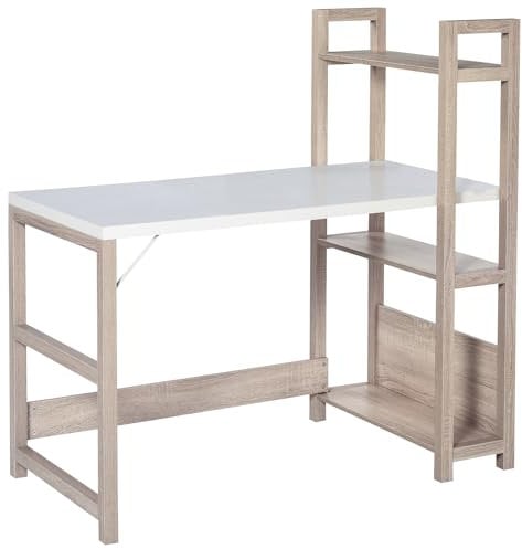 HOMCOM Computer Desk with 3 Tier Storage Shelves on Left or Right, 120cm Writing Table for Home Office, Study, Bedroom, White and Oak