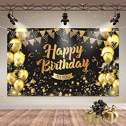 Geburtstags Dekorationen, Schwarz Gold Hintergrund Geburtstag Mann und Frau, Happy Birthday Geburtstagsbanner Poster, Geburtstagsdeko Mann Fotohintergrund Banner Geburtstag Party Deko
