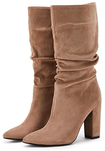 Syktkmx Womens Winter Slouchy High Heel Boots Mid Calf Suede Slip on Chunky Block Pointed Toe Boots