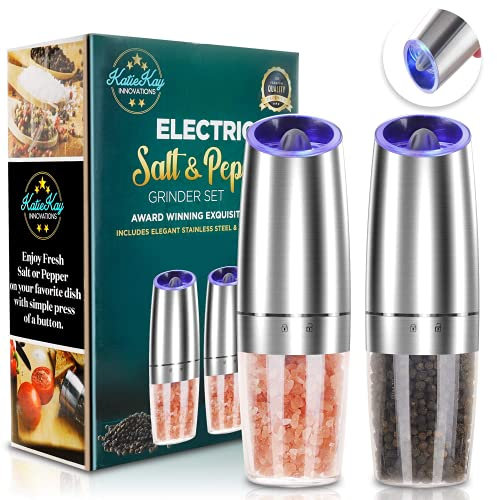 Electric Gravity Pepper Grinder Set of 2, Automatic Salt and Pepper Mill Grinder, Adjustable Roughness, Battery Powered, Blue LED Light, Stainless Steel with One Hand Operation (Sliver 2 Pack)