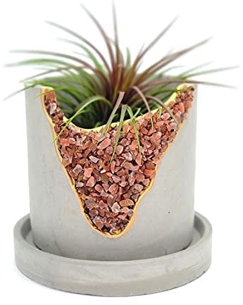 4” Crystal Plant Pot with Saucer - Cement Geode Planter - Concrete Pots for Plants - Modern Succulent Pot Indoor - Unique Air Plant Holder - Candle Holder - Small Plant Home Decor (Orange Carnelian)