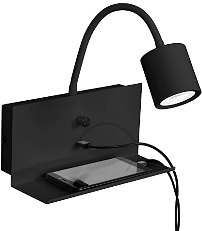 Licht-Erlebnisse Wandleuchte mit Ablage USB Anschluss zum Laden aus Metall Schwarz flexibel GU10 Leselampe Schlafzimmer Wohnzimmer Bett Leselampe Wandlampe