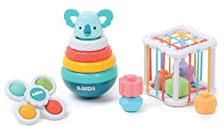 LUDI - Coffret Manipulation - Jouets D'Éveil Bébé - Dès 10 Mois - Développer Le Toucher, La Motricité Fine & La Découverte - 1 Cube Élastique + 1 Pyramide Avec 3 Anneaux + 1 Baby Spinner