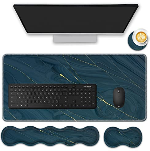 FGDRFGRW Mauspad-Set, Schreibtischunterlage + Tastatur-Handgelenkauflage + Maus-Handgelenkauflage + Untersetzer für Büro, Zuhause, Computer, Laptop – 4 Marmor