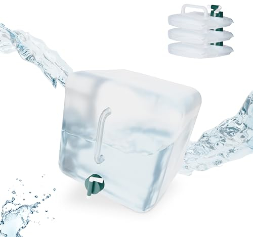 Relaxdays Faltkanister 4er Set, 15 Liter, faltbare Wasserkanister mit Hahn, BPA-frei, Plastikkanister, transparent/grün