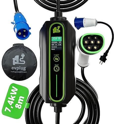evplug/Chargeur EV Portable Voiture Electrique (Type 2 | 8m | + Adapt. P17 + Minut., 7,4kW | 32A)