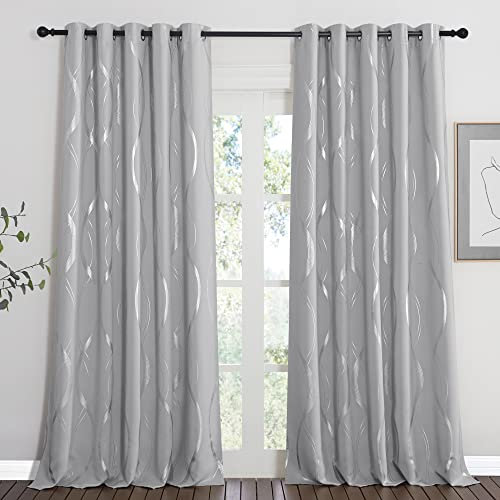 PONY DANCE Extra Long Blackout Curtains- Foil Silver Wave Line Printed Thermal Curtains, Noise Reduction Drapes for Nursery/Kids, Window Curtains for Living Room, Silver Grey, 66 x 90 Inch, 2 Panels