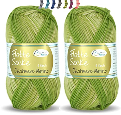theofeel Set | Sockenwolle mit Kaschmir 4-fädig 2x50g | Sockengarn Rellana Flotte Socke Cashmere Merino | Strumpfwolle aus Merinowolle und Kaschmirwolle (1327 grün degradé (2x50g))