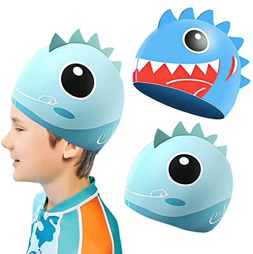 Gorro de natación para niños Pelo largo Buena elasticidad Gorro de natación Impermeable Gorro de natación Dinosaurio Tiburón Premium Suave silicona Impreso Gorros de natación para 2-12 años Jóvenes