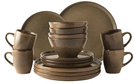 Dutch Rose Amsterdam Serenity 16-teiliges Geschirr-Set, volle Größe, Teller, Speiseteller, Schüsseln, Kaffeetassen, Tafelservice für vier Personen, Geschenkset Camel