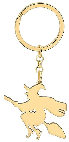 DALANE Halloween Edelstahl Katze Besen Hexe Schlüsselanhänger Mode Schmuck Geist Hexenhut Geschenke für Frauen Mädchen Geschenke Brieftasche Schlüsselanhänger (18K Vergoldet D)