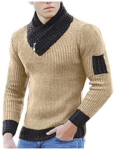 Pullover Size Color Scarf High England Men's Solid Collar Sweater Men's Sweaters Pullovers Mens Lightweight Coat (Khaki, XXL)