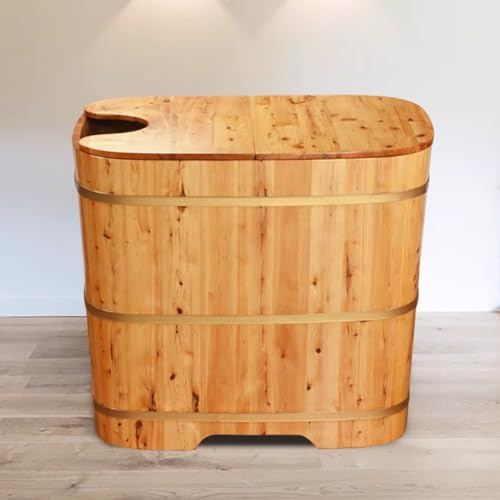 MegLob Japanische Holzbadewanne Beleuchtete, Orientalische Holzbadewanne Mit Isolierbar Faltbarem Deckel, Spa Deep Soaker Badewanne, Kleine Mobile Badewanne Für Winziges Badezimmer,90cm/35.43in
